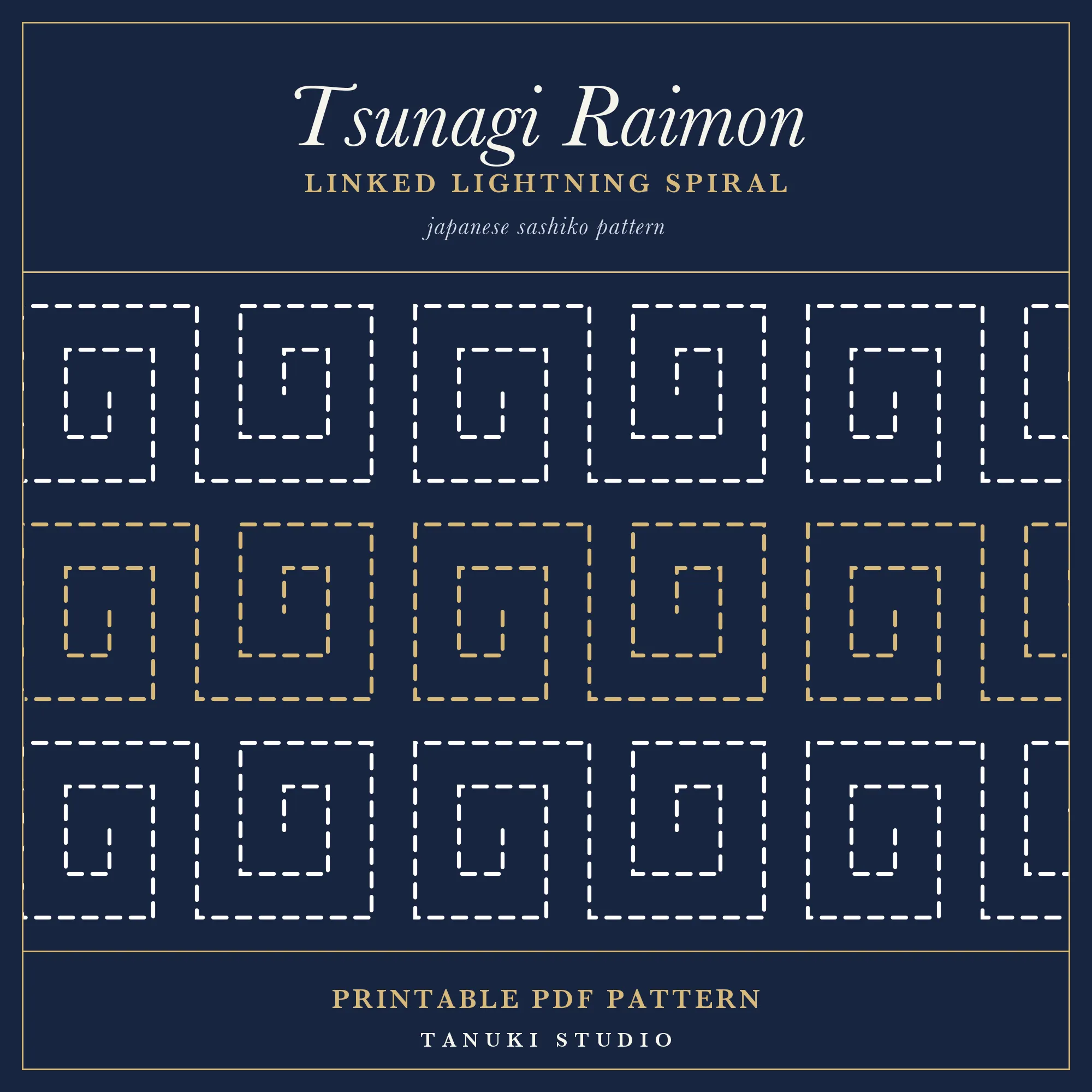 Tsunagi Raimon (Linked Lightning Spiral) sashiko pattern, printable stitching diagram