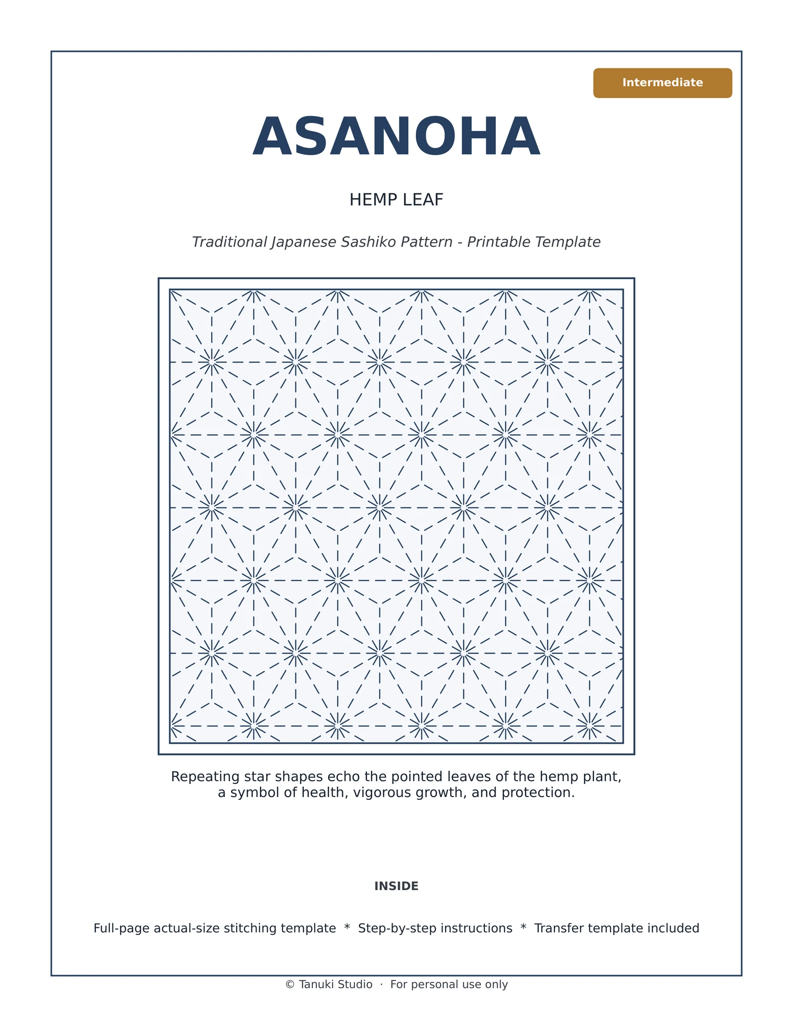 Asanoha (Hemp Leaf) sashiko pattern PDF cover, intermediate level