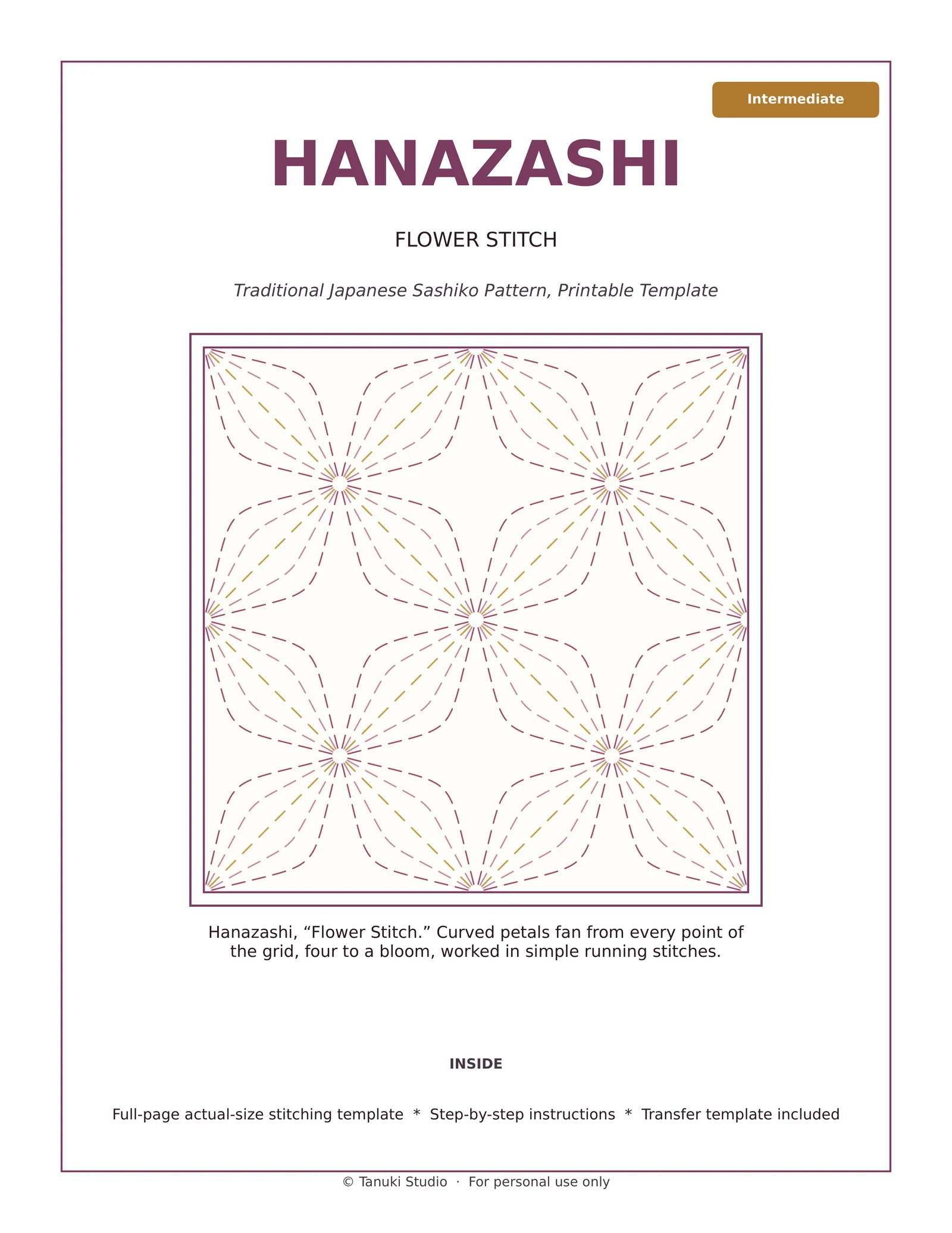Hanazashi (Flower Stitch) sashiko pattern PDF cover, intermediate level