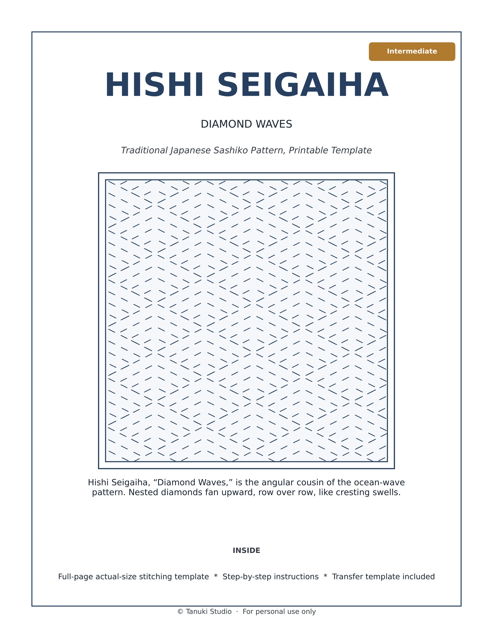 Hishi Seigaiha (Diamond Waves) sashiko pattern PDF cover, intermediate level
