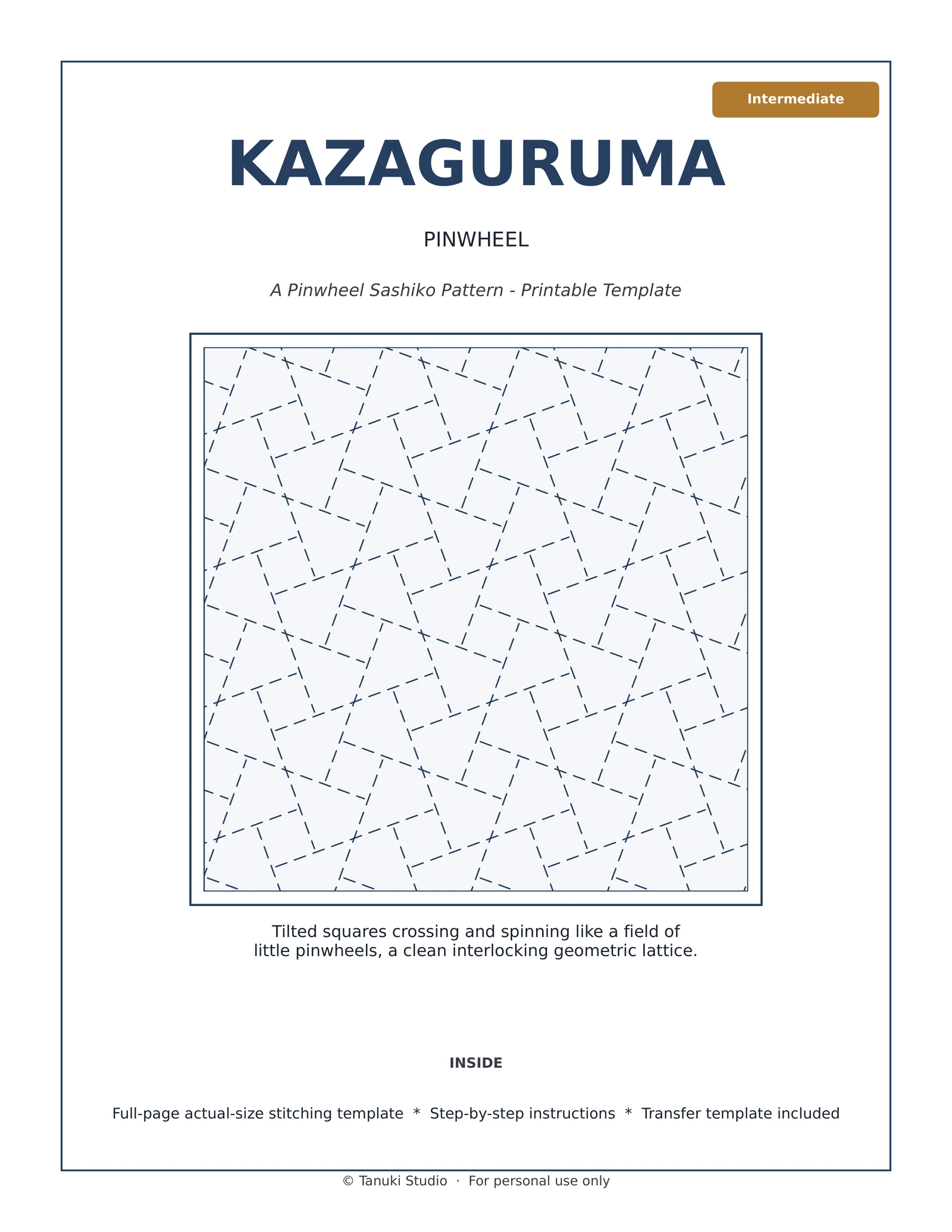 Kazaguruma (Pinwheel) sashiko pattern PDF cover, intermediate level