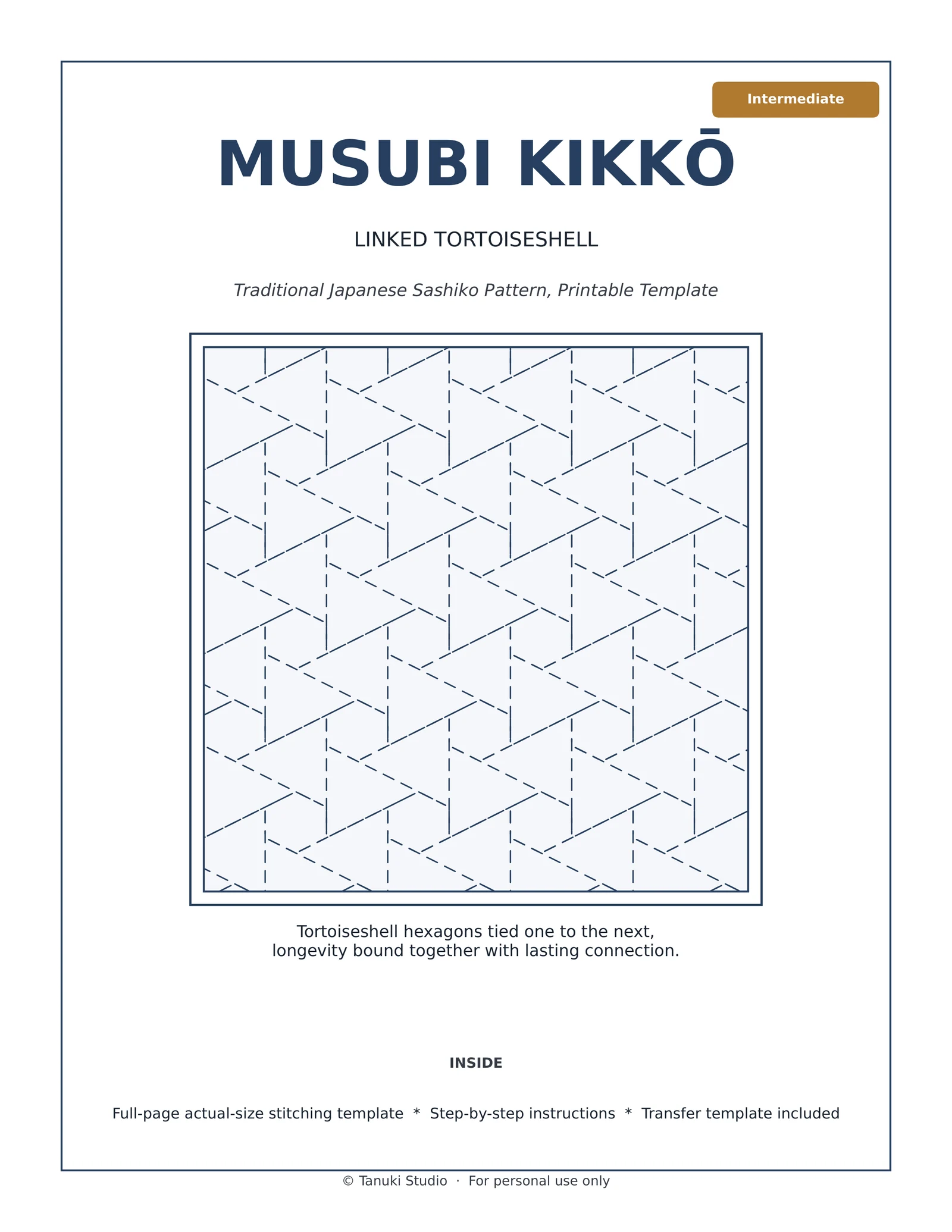 Musubi Kikkō (Linked Tortoiseshell) sashiko pattern PDF cover, intermediate level