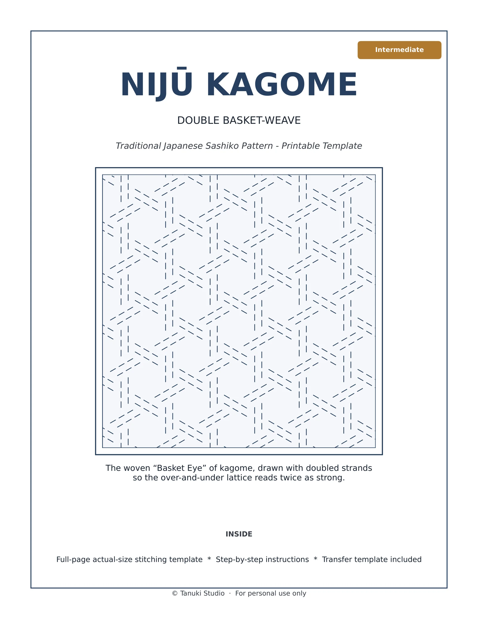 Nijū Kagome (Double Basket-Weave) sashiko pattern PDF cover, intermediate level