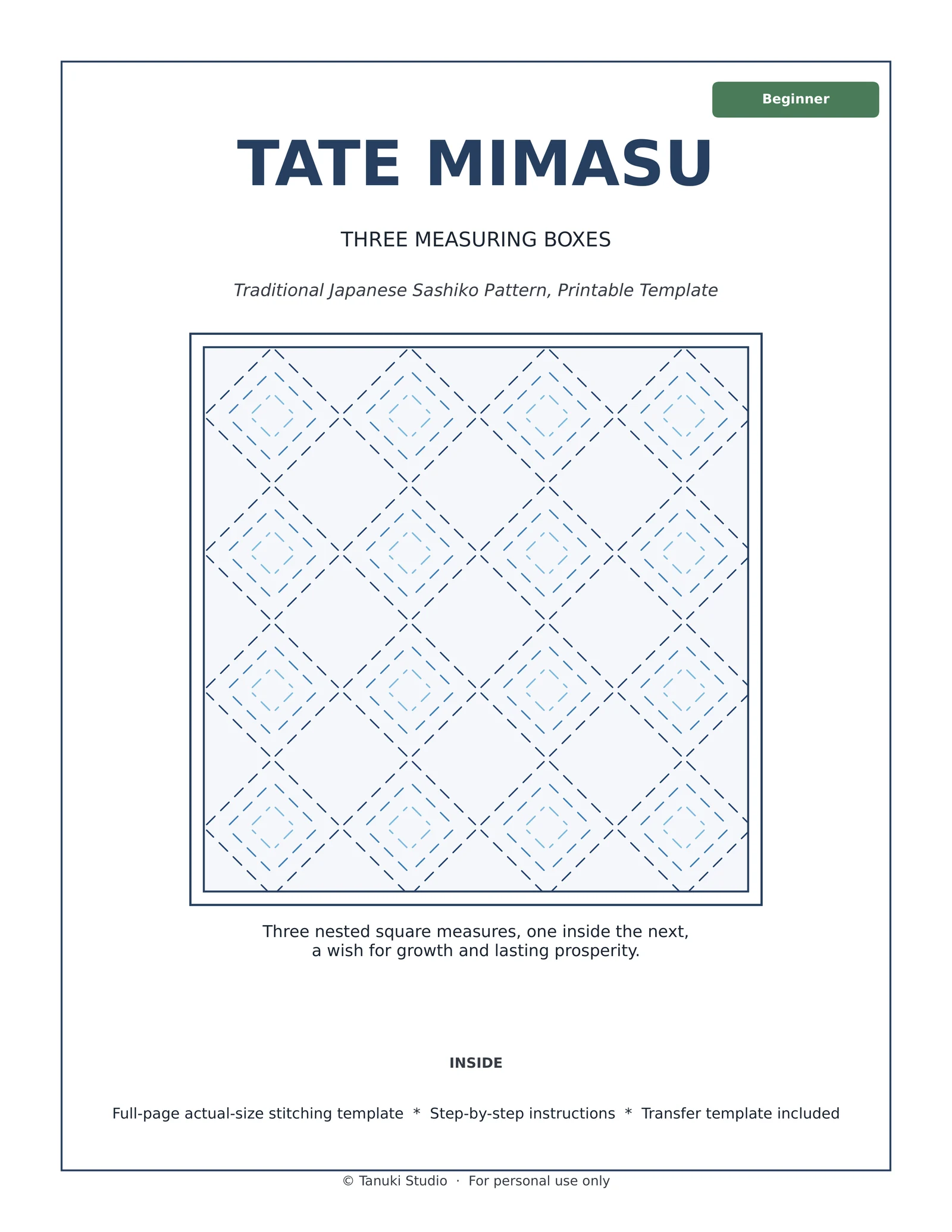 Tate Mimasu (Three Measuring Boxes) sashiko pattern PDF cover, beginner level