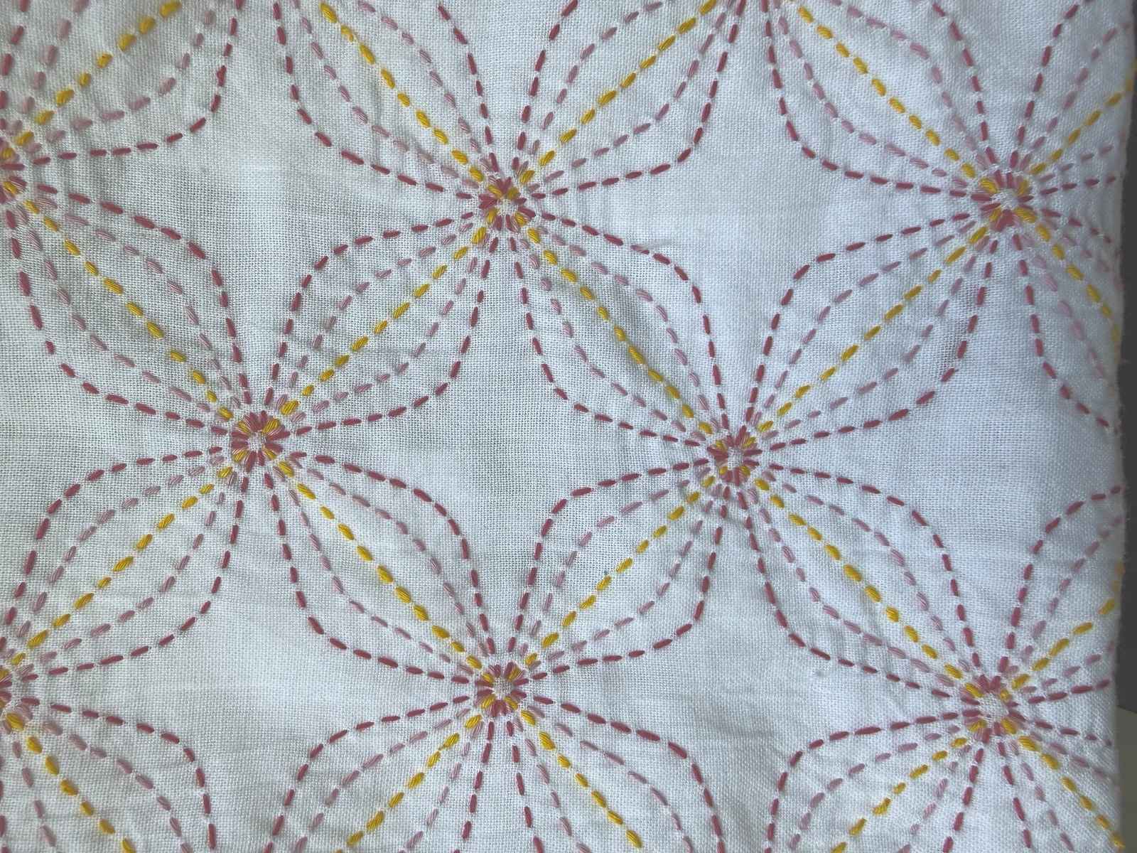 Close-up of the finished Hanazashi stitching in golden yellow, dusty rose, and dark pink thread