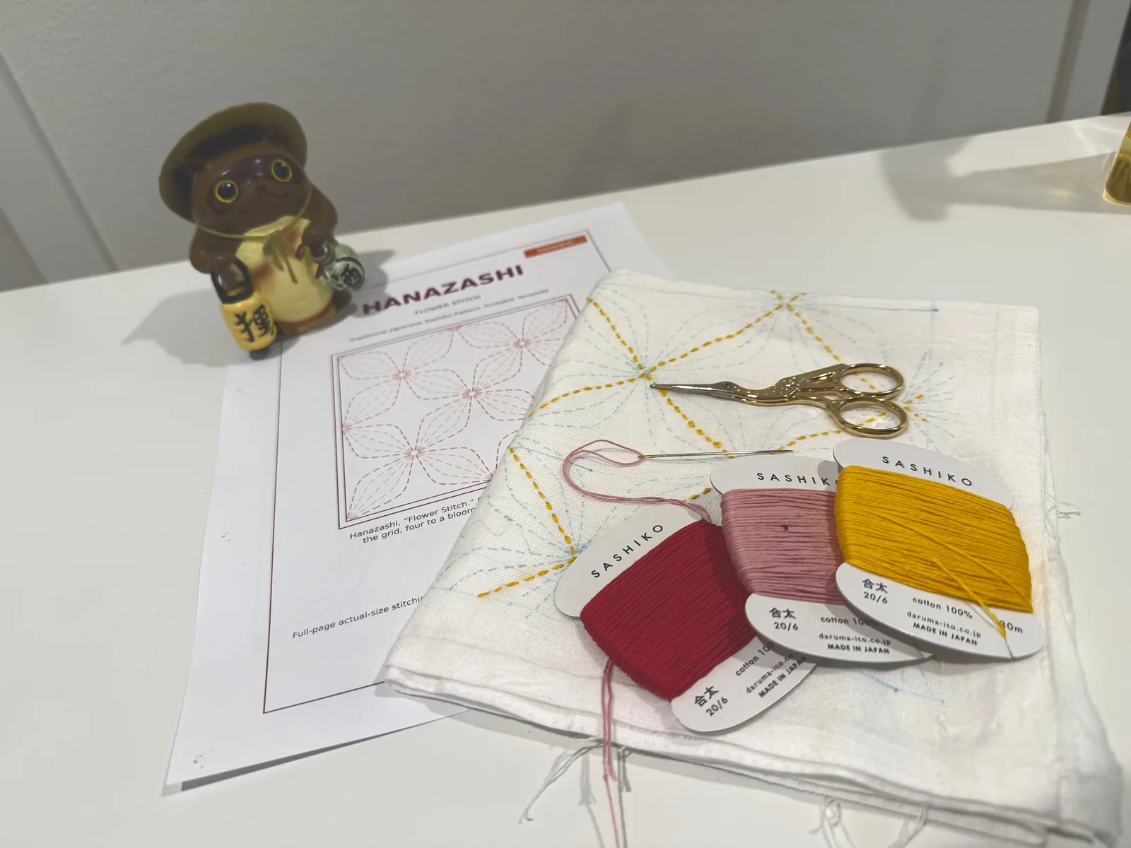Hanazashi pattern, Daruma sashiko thread in three colors, and the doubled cotton fabric marked and already underway, with a needle mid-stitch
