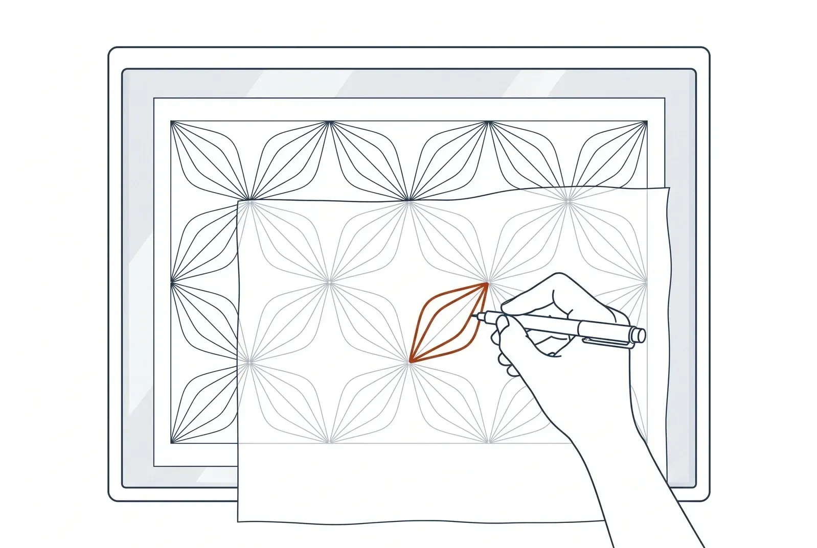 Illustration of doubled fabric placed over a Hanazashi flower pattern fixed to a lightbox, being traced with a FriXion pen